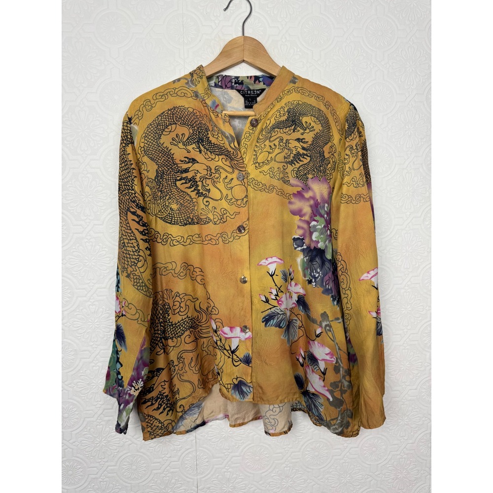 Citron Santa Monica Silk Dragon Floral Blouse Yellow Mandarin Collar Large